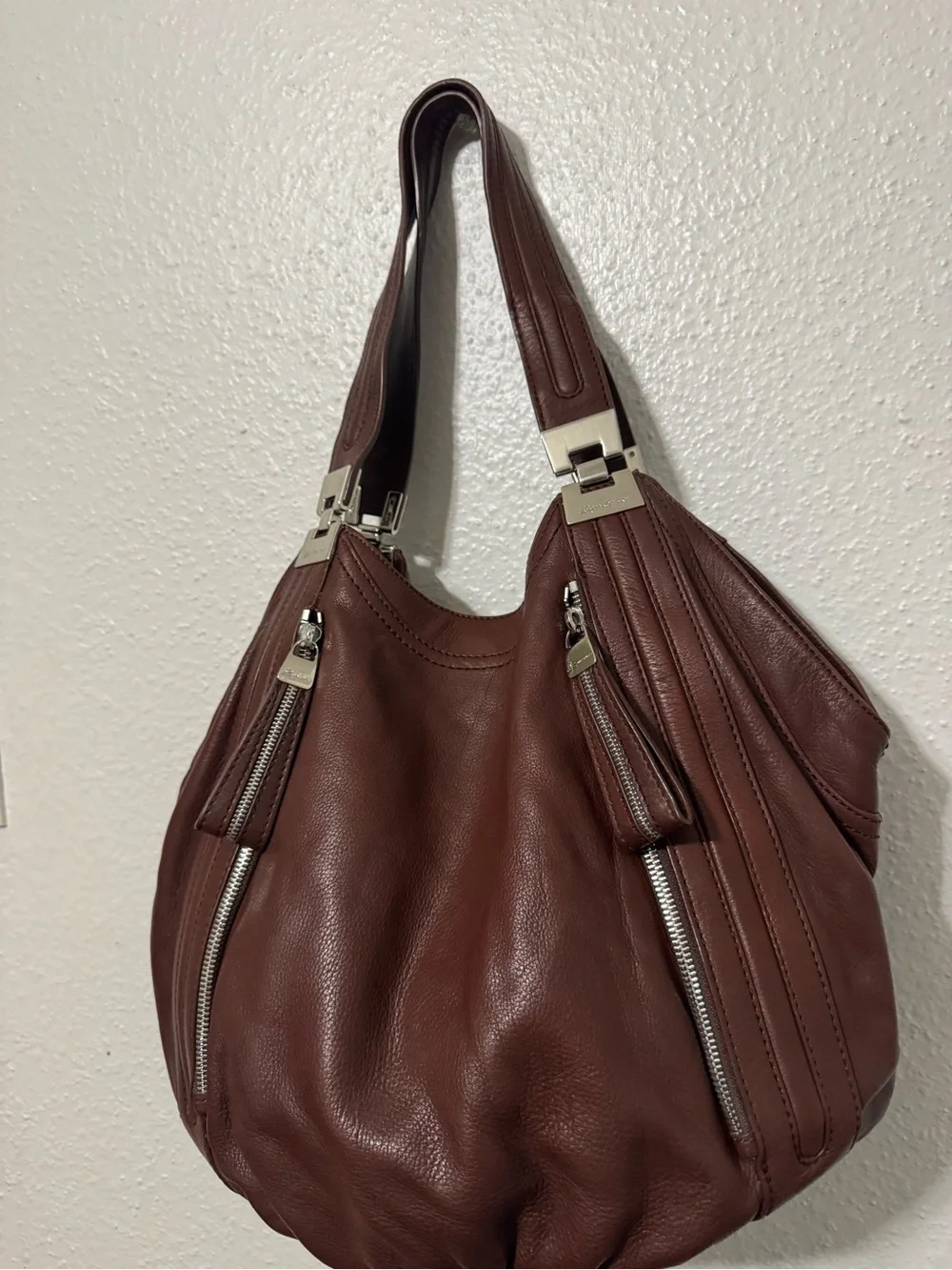 b. makowsky Chocolate Brown Pebbled Leather Hobo